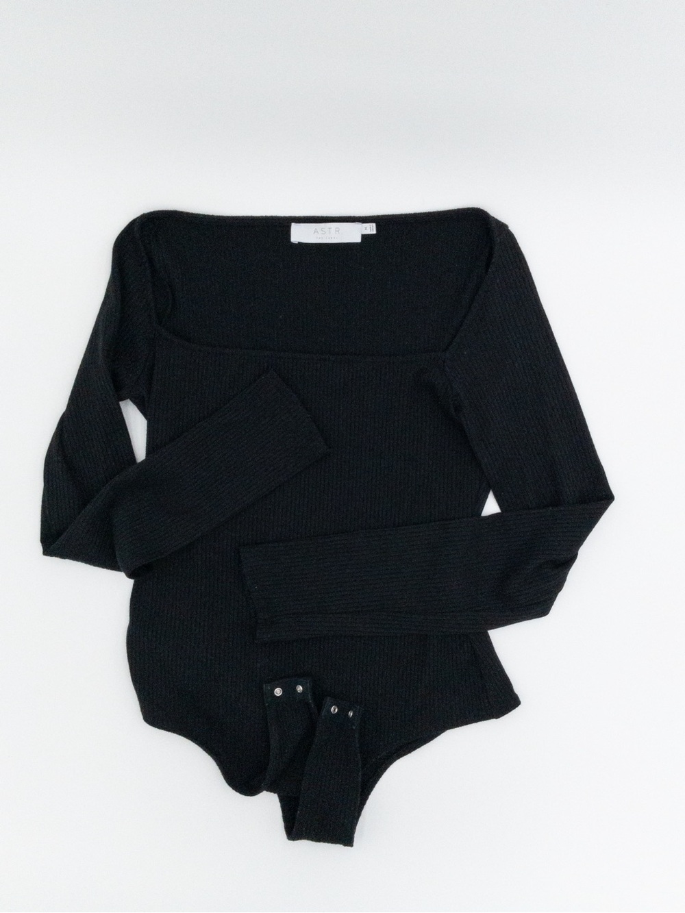 ASTR The Label Black Ribbed Square Neck Long Sleeve Bodysuit Medium